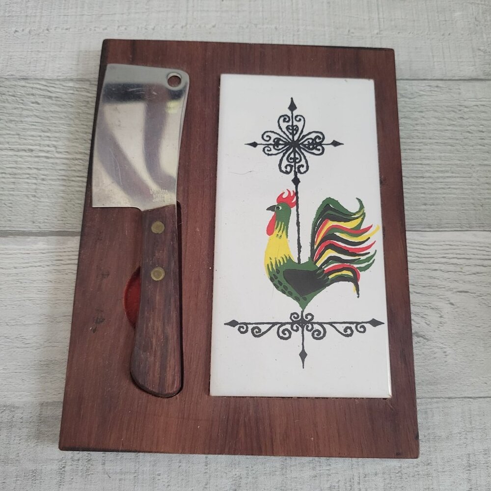 Vintage Japanese Cutting Board With Cleaver & Rooster Weathervane Design